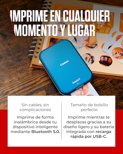 Miniatura 3 de Canon Zoemini 2, Impresora Fotográfica Instantánea Y Compacta Para Smartphones , Impresión Zink Sin Tinta Sobre Papel Térmico 50x76 Mm , Bluetooth 5.0, Carga Usb-C, Azul