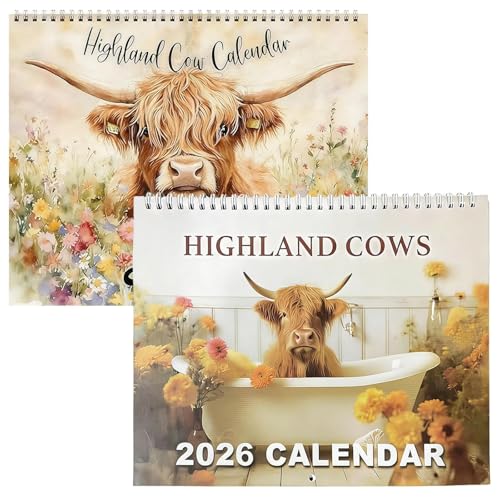 2pcs Highland Cow Calendar 2026 Highland Cow Wall Art Calendar UK Monthly Planner & Home Office Decor Organiser