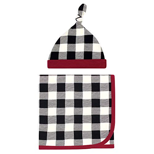 Image of Touched by Nature Unisex Baby Organic Cotton Swaddle Blanket and Headband or Cap, Black Plaid, One Size