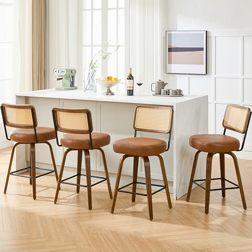 Image of Swivel Bar Stools Set of 2, 26 inch Upholstered Counter Height Bar Stools with Back and Walnut Wood Legs, Faux Leather Barstools for Kitchen Counter, Rattan Brown