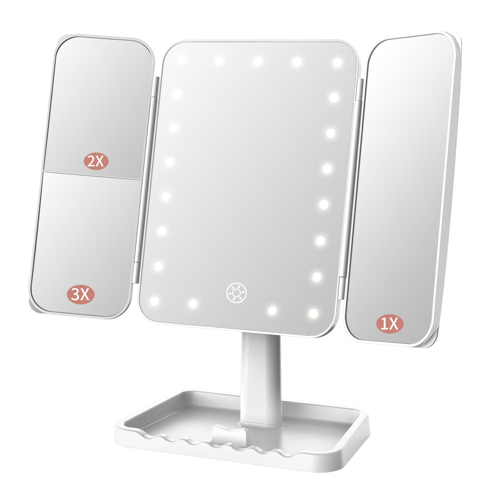 FASCINATE Rechargeable Trifold Makeup Vanity Mirror with Lights, Adjustable Dimming Touch Sensor, 180° Rotation, Portable Cosmetic Mirror