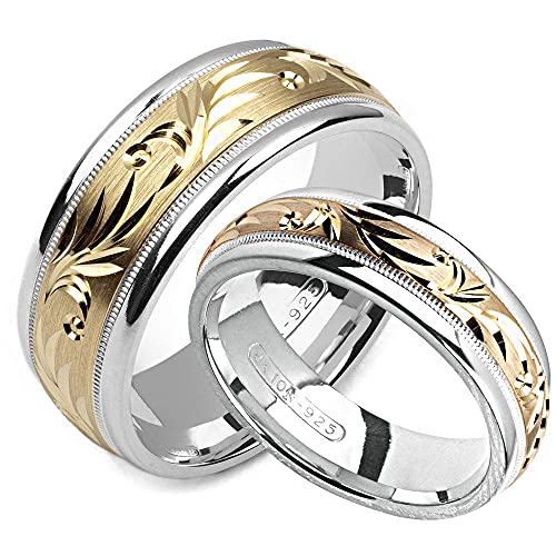 two-tone sterling silver & 10K yellow gold 6 millimeters & 8 millimeters wide wedding band set him and her