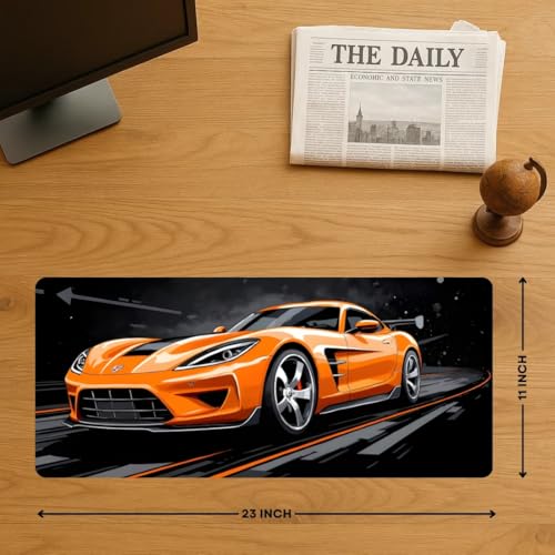 Image of Moto Edition Desk Mat 23x11 Inch - Racing-Themed Keyboard & Mouse Pad for Office, Home & Gaming | Non-Slip Rubber Base, Waterproof Surface, Supercar & Bike Inspired Table Mat (Orange Turbo)