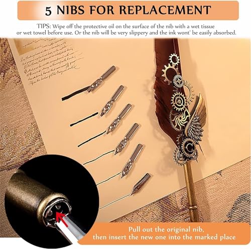 Image of PLUSPOINT Vintage Quill Pen and Ink Set Elegant Writing Luxury Fountain Calligraphy Ink Pen Set with Wax for Stamp Retro Decor Dip Pen Office Stationery Corporate Gifting for Signature, Black