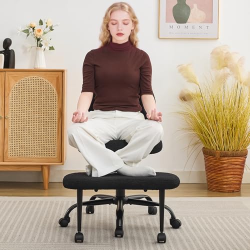 Image of Ergonomic Criss Cross Legged Office Chair, ADHD Chair, Wide Height Adjustable Seat 360 Swivel Footstool with Wheels, PU Leather Meditation Kneeling Chair, for The Restless Home Workers, Black