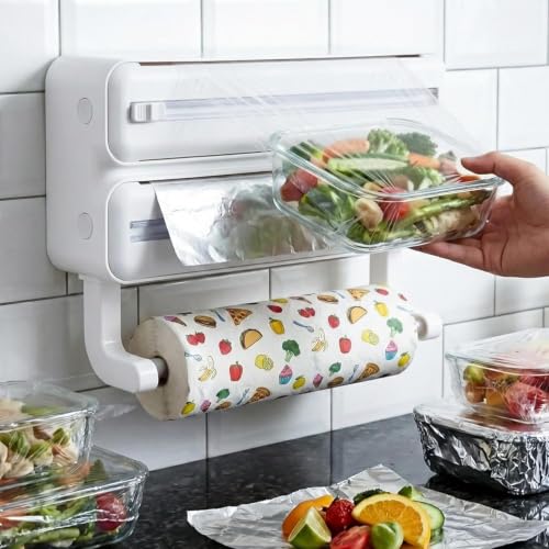 Wall Mounted Foil and Cling Film Dispenser with Cutter - 3 in 1 Kitchen Wrap Organizer with Paper Towel Holder for Aluminium Foil, Butter Paper, Food Wrap and Roti Sheets Wall Mounted Foil and Cling Film Dispenser with Cutter - 3 in 1 Kitchen Wrap Organizer with Paper Towel Holder for Aluminium Foil, Butter Paper, Food Wrap and Roti Sheets