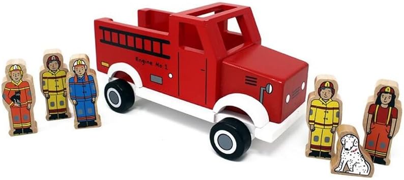 Jack Rabbit Creations to the Rescue Magnetic Wooden Fire Truck 9", Firefighters & Dalmatian Figures, Magnetic Pieces Stay Put, FSC-Certified Wood, Non-Toxic Paint, Ages 3+