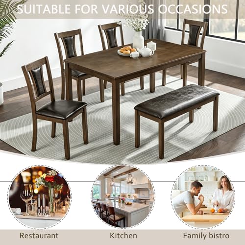 Image of KEIKI 6-Piece Standard Height Dining Table Set with Rectangular Table, 4 Upholstered Chair, Bench, for 6 Person, Farmhouse Rustic Style Table Set, Easy Assembly, for Kitchen, Dining Room, Walnut