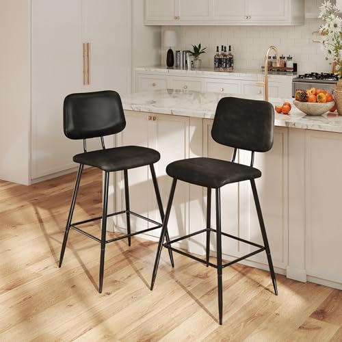 Nusetx 26 Inch Counter Height Bar Stools Set of 2, Modern Faux Leather Kitchen Island Chairs with Back and Metal Leg, Upholstered BarStools, Black by Nusetx - Used condition - CA$76.04