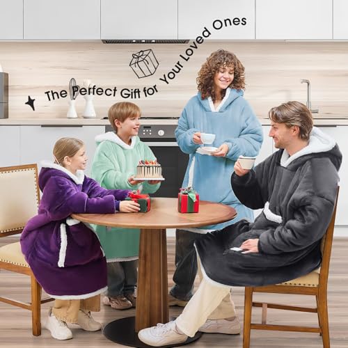 JOYWOO Oversized Wearable Blanket Hoodie,Cat lovers Long Hoodie Blanket for Adult,Birthday Gifts for Women Men Mom,Cozy Sherpa Sweatshirt Hooded Blanket Giant Pocket Winter Gifts,Denim blue Oversize