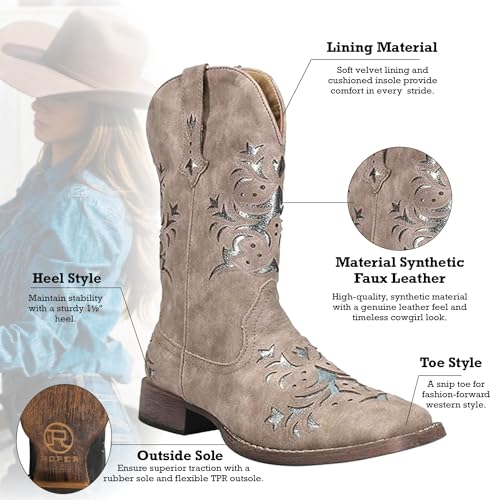 Image of ROPER Womens Kennedy Glitter Tooled Inlay Square Toe Pull On Casual Boots Mid Calf Low Heel 1-2 inch
