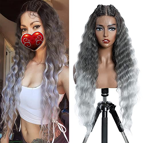 FASHION IDOL Lace Front Curly Wigs 31" Long Synthetic Natural Water Wavy Wear to Go Wig for Women Balk with E Type HD Lace Wig (GT4/GREY/60F