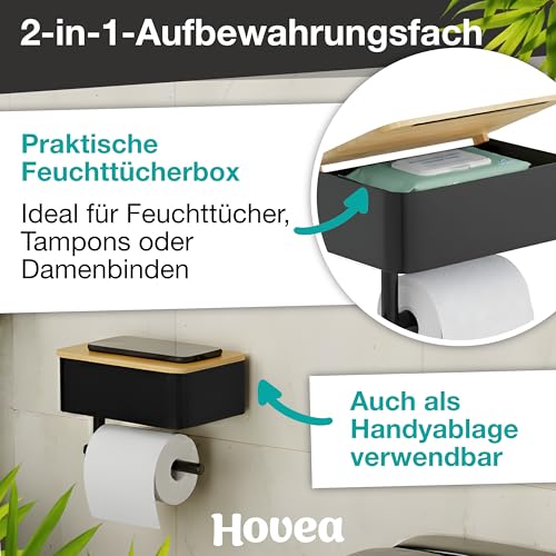 Hovea - Toilettenpapierhalter 2-in-1 mit Ablage und Feuchttücherbox - Wandmontage Ohne Bohren - Aus Metall - WC-Papierhalter - WC Papier Halterung - Schwarz & Bambus - PPT121