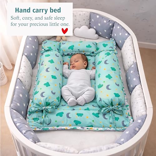 Image of Fareto Combo of Baby Bed with Net | Carry Bag | 4 Pcs Bedding Set (0-6 Months, Baby Size, Cotton) (Cloud Green)