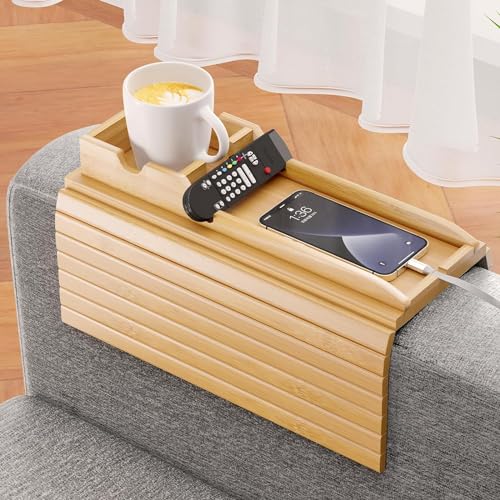 Image of Trendy Trays Bamboo Sofa Armrest Tray - 2 in 1 Couch Arm Tray with Detachable Couch Cup Holder - Anti-Slip Foldable Sofa Rectangular Table Tray - Holder for Drinks Cup Cellphone Remote Snacks, Beige