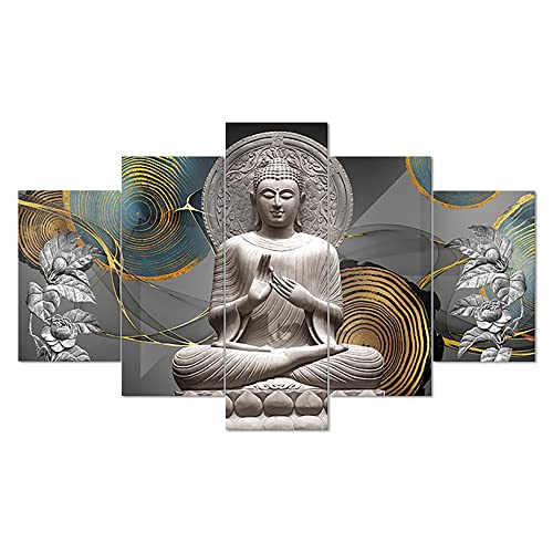 Image of Clasiko Set Of 5 Pcs 3D Wall Painting With Frame; 24x50 Inches; Silver Budhha With Leaves