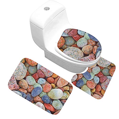 Badematten Set,Badematten Teppich-Set 3-Teilig Bunte Kieselsteine 3D-Druck Rutschfeste Badematten Weiche Mikrofaser…