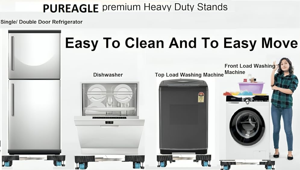 Image of PUREAGLE Stainless Steel Premium Heavy Duty Adjustable 24-Wheel Trolley Stand for Washing Machine (6,7,8,9 kg) - Front & Top Load Compatible, Refrigerator Single & Double Door & Dishwasher |