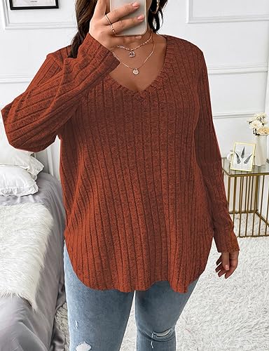 Image of Koscacy Women Plus Size Casual Knit Sweater V Neck Solid Color Tops Lightweight Long Sleeve Blouses