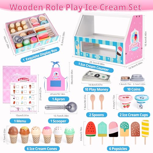 Image of Ice Cream Toy, Wooden Ice Cream Play Set with Aprons, Fake Money, Scoop, Menu, Ice Cream Toys Pretend Play Toys for Girls Boys, Wooden Play Food Set Toy Kitchen Gifts for 3 4 5 6 Year Old Toddlers