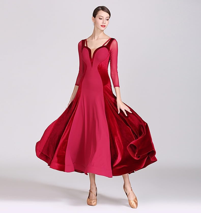 HEARTTOUCH Velvet Ballroom Dance Dress Women Modern Waltz Tango Dresses Swing Skirt Ball Gown for Competitive Social Dancing