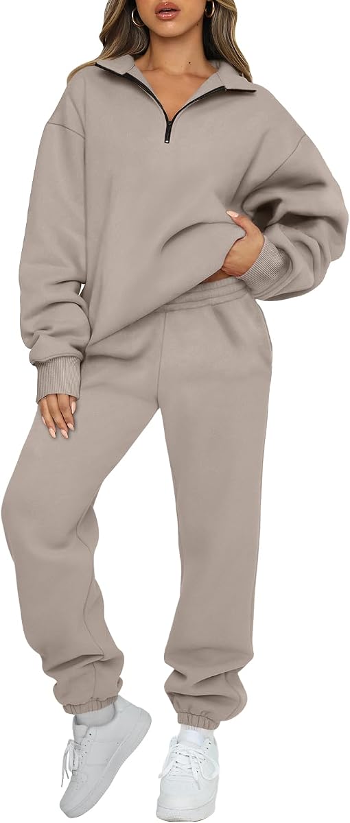 Sudaderas de mujer AUTOMET de 2 piezas con conjuntos de salón | Acogedores conjuntos de aeropuerto, conjuntos de sudadera informal para otoño e invierno, jersey con media cremallera y pantalones de chándal holgados con bolsillos