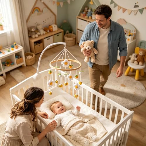 Móvil para moisés de madera con abejas y pompones para decoración de cuna 2