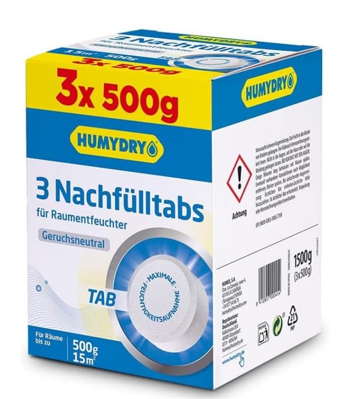Nachfüllbeutel gegen Feuchtigkeit Für Kompakt-Luftentfeuchter 3x500g Für Bad Küche und Zuhause Für Räume bis zu 8 m Duft: Neutral Humydry