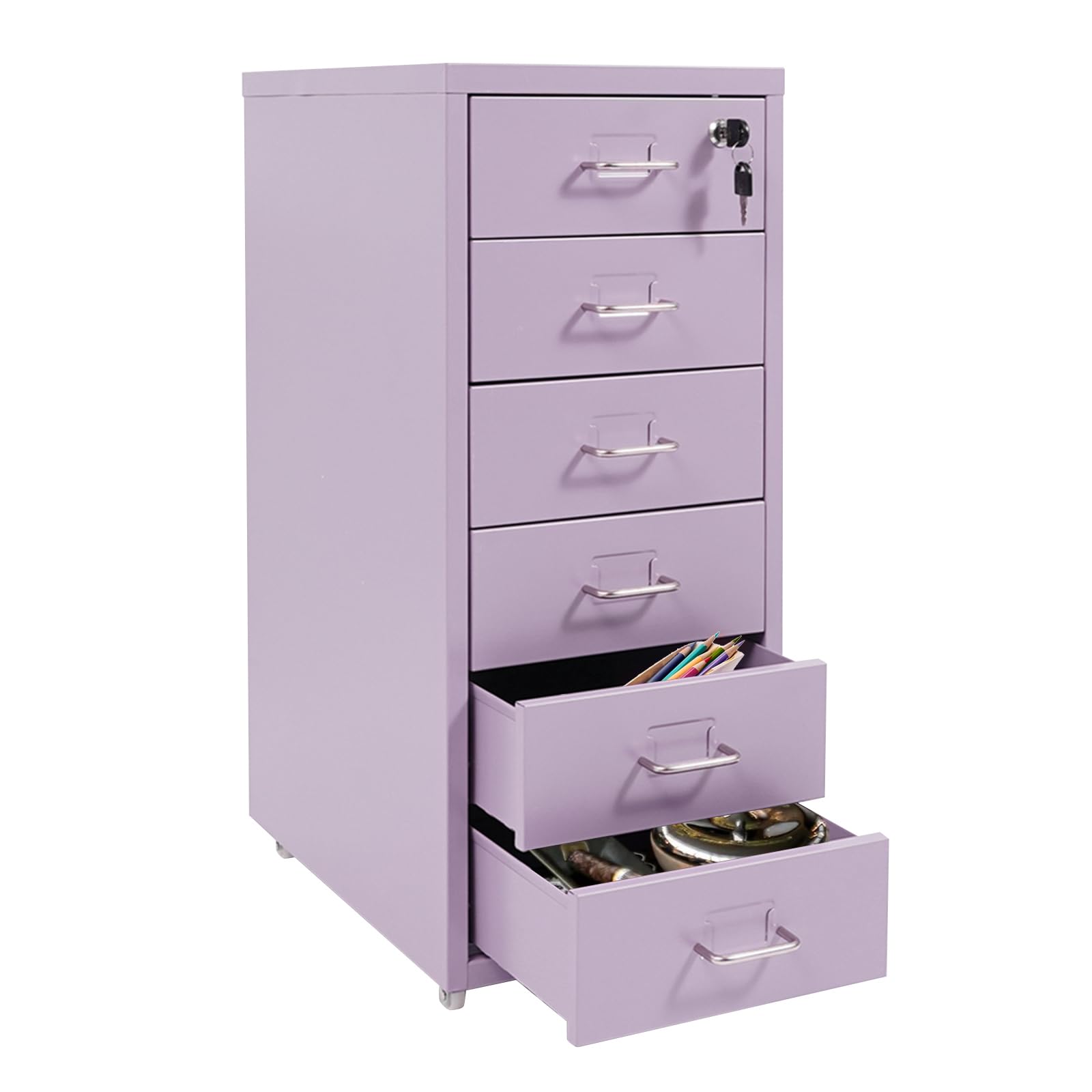 Rollcontainer Aktenschrank 6 Schubladen Metall Abschließbar, Schubladenschrank Rollbar Mobil Aufbewahrungsschrank für Büro Zuhause Schule，Lila