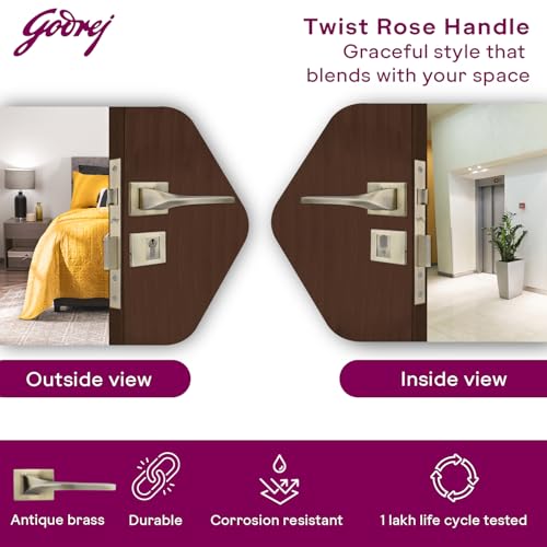 Image of Godrej Mortise Lock | Twist Rossette Home Decor Handle | Antique Brass Finish | 9 Inch Lockbody | 70 mm 1CK Cylinder - Knob from Inside and with 4 Keys| 5 Years Warranty