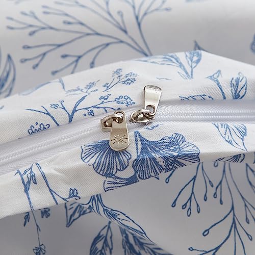 VM VOUGEMARKET 3 Pieces Blue Flower Duvet Cover Set Twin Cottagecore Botanical Duvet Cover with 2 Pillowcases 100% Cotton Leaves Bedding Set Vintage Garden Style for Teen Girls-68 X86