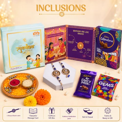 Image of Gifticon Bhaiya Bhabhi Rakhi for Brother and Bhabhi with Chocolate - 1 Pair of Bhaiya Bhabhi Rakhi | 1 Celebrations Pack | 1 Greeting Card | Roli Chawal | Gift Box | IB16
