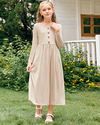 Foshow Girls Long Sleeve Maxi Dress Kids Casual Crew Neck Button Holiday Dresses With Pockets 7-14 Years Apricot #TOP2