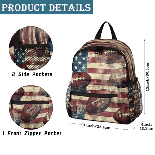 Retro American Football Flag Print Kids Backpack for Boys Girls, Waterproof Lightweight Toddler School Bag with Chest Strap, Small Travel Book Bag Preschool Kindergarten Backpack2