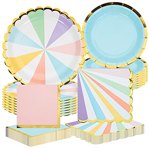Assiettes anniversaire pastel et serviettes assorties pour table de baby shower