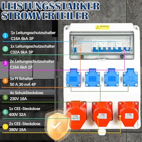 Warmfay Wandverteiler Stromverteiler Vorverkabelt, 4x 230V + 2x CEE 16A + 1x CEE 32A, Baustromverteiler mit FI-Schalter 50A und LS Schalter, IP67 Wasserdicht Gehäuse für Innen und Außen