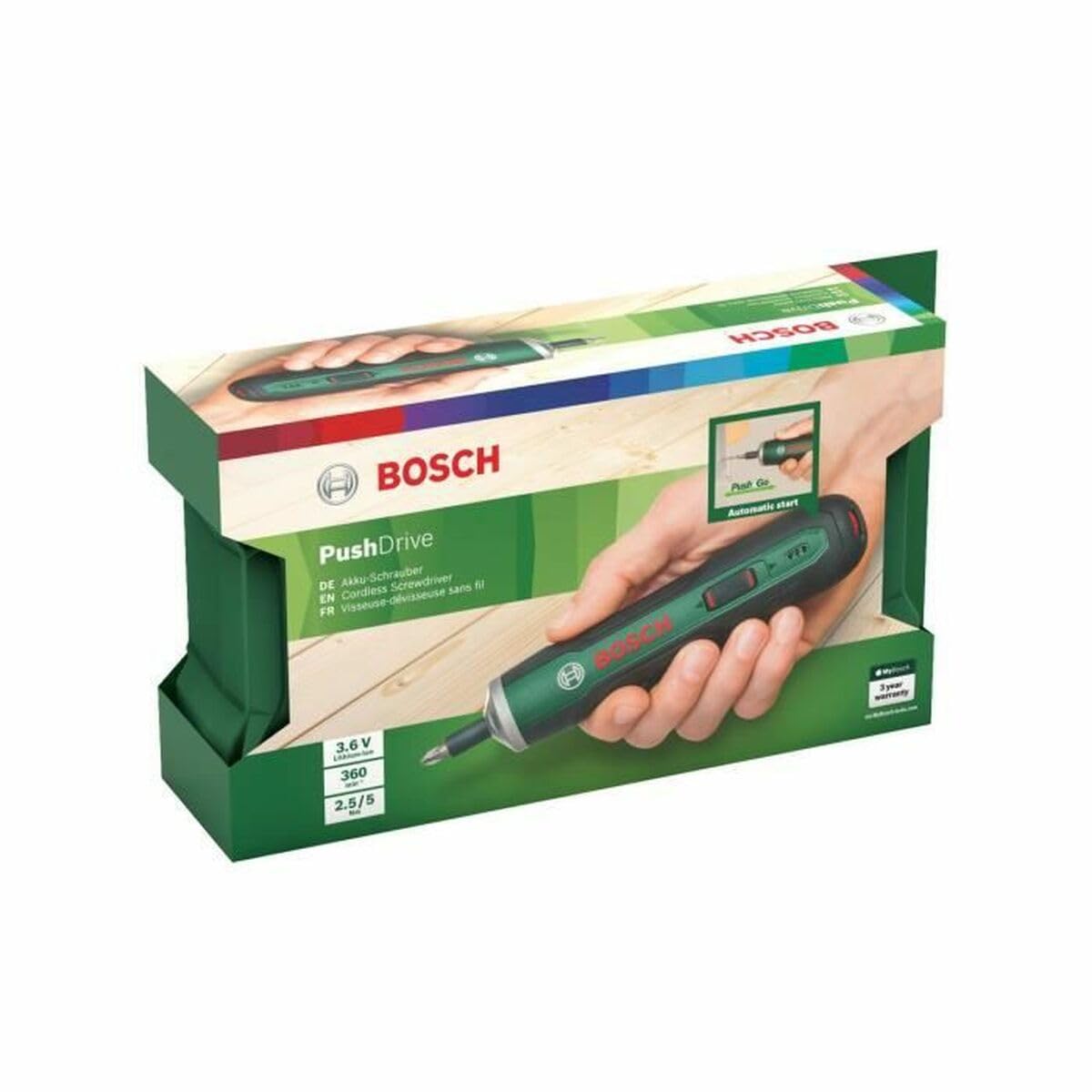 Bosch atornillador a batería PushDrive (3,6 V, 32 puntas de atornillar, caja de almacenamiento)