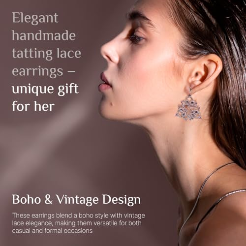 Handmade Tatting Lace Earrings for Women – Italian Thread & Japanese Beads, Lightweight Dangle, Boho Vintage Style, Elegant Statement Jewelry, Unique Gift for Birthday Anniversary Wedding3