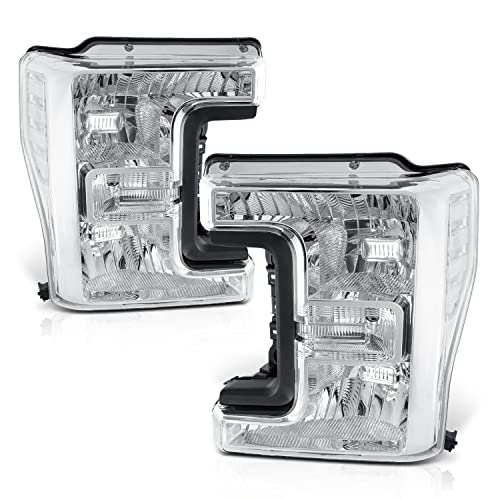 M-AUTO Pair of 2 Headlights Assembly Set Compatible with 2017 2018 2019 Ford F-250 F-350 F-450 F-550 Super Duty Truck Pickup, Chrome Housing Clear Corner Headlamps w/ Singal Lights