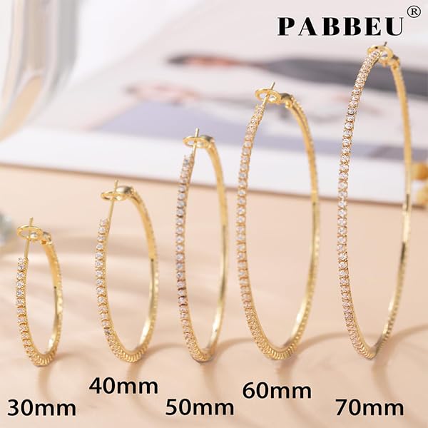PABBEU 2mm 925 Sterling Silver Earrings Big Sterling Silver Hoop Earrings for Women Large Rhinestone Hoop Earrings Thin Hypoallergenic Cubic Zirconia Earrings for Women 30/40/50/60/70mm: 30mm Gold