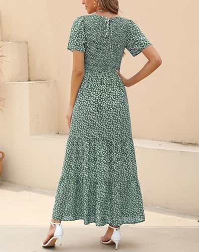 Image of Kranda Women 2025 Summer Fall Crewneck Short Sleeve Smocked Floral Maxi Dress