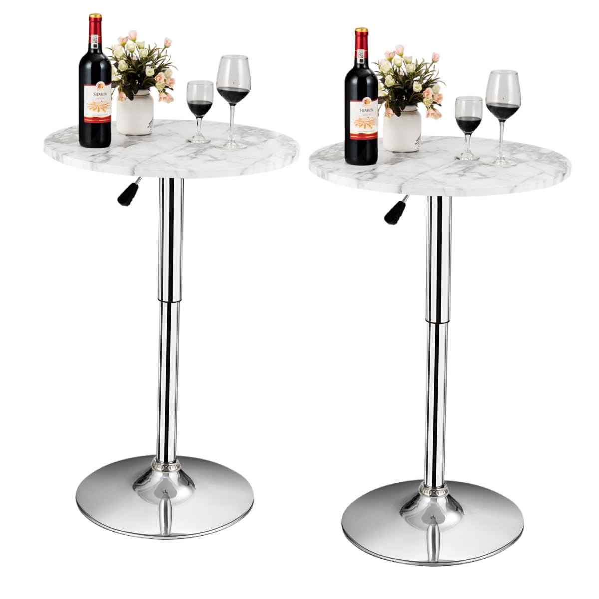 TANGZON Round Bar Table, Height Adjustable Marble Top Steel Counter Pub Desk, 360° Swivel Bistro Table for Kitchen, Restaurant and Cafe (2, White)