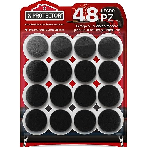 Almohadillas de Fieltro X-Protector - 48 Fieltro Adhesivo Premium Negro 25 mm - Fieltros para Sillas - Protectores de Suelo para Muebles - Tapones para Patas de Sillas