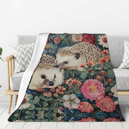 Couverture flanelle hérissons et fleurs douce pour lit et canapé