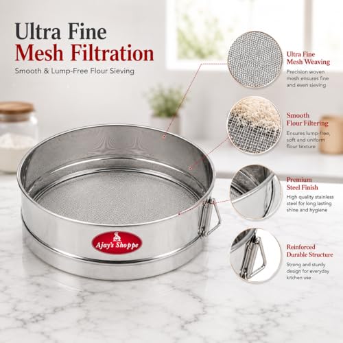 Image of Ajay's Shoppe 19 CM Stainless Steel Atta Chalni | Fine Mesh Flour Sieve | 5 CM Deep Flour Strainer for Wheat, Maida & Besan