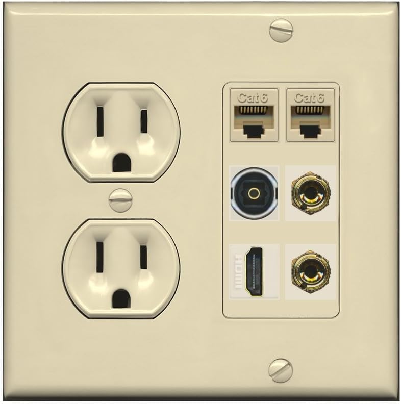 RiteAV 1 Speaker 2 Banana Binding Post Wall Plate 2 Cat6 1 x Toslink Optical and HDMI - Round Outlet [Light-Almond]