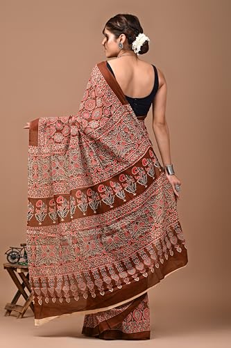 Image of Crafts Moda Hand Block Ajrakh Print Cotton Saree for women with Blouse | Soft comfortable wear sari