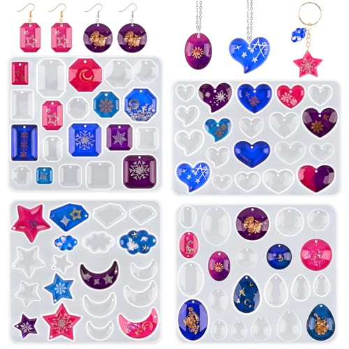 Actvty Earring Resin Mold with Holes 4 Pieces Silicone Pendant Epoxy Molds Jewelry Molds for Resin Casting DIY Gem Cabochon Earrings Necklace Jewelry Keychain