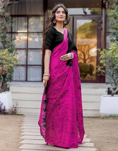 Image of SIRIL Women's Cotton Printed Saree with Unstitched Blouse Piece