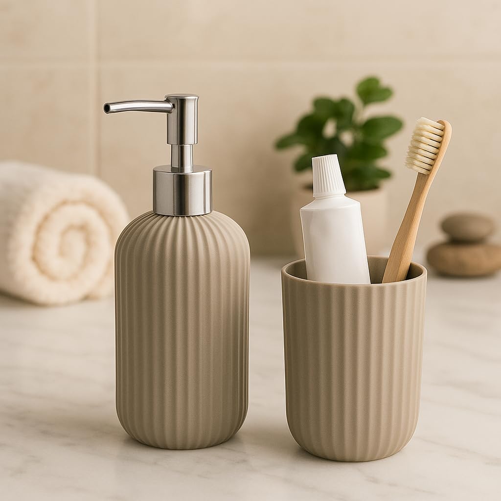 LAGET® Bathroom Accessories Set for Utility and Toothbrush Holder Bathroom Decor | Handwash Liquid Soap Dispenser Pump for Bathroom, Kitchen, Wash Basin, Sink Ribbed Design (Grey)-image-35